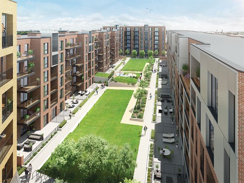 Computer generated image of Kilburn Quarter and its courtyard