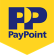 PayPoint logo. Blue writing on a yellow background