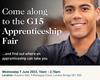 Poster for G15 Apprenticeship event with photo of young man in a shirt