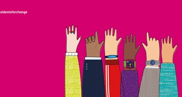 Pink background and cartoon raised hands